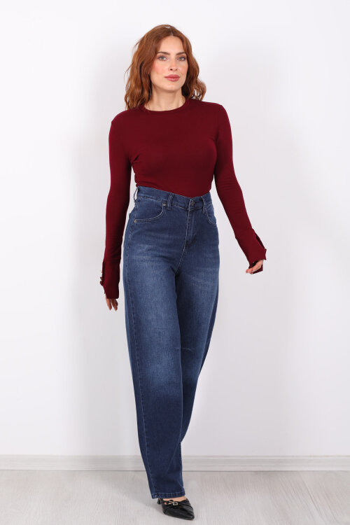 Baggy Arka Tokalı Koyu Mavi Kar Yıkama Kadın Pantolon - 6