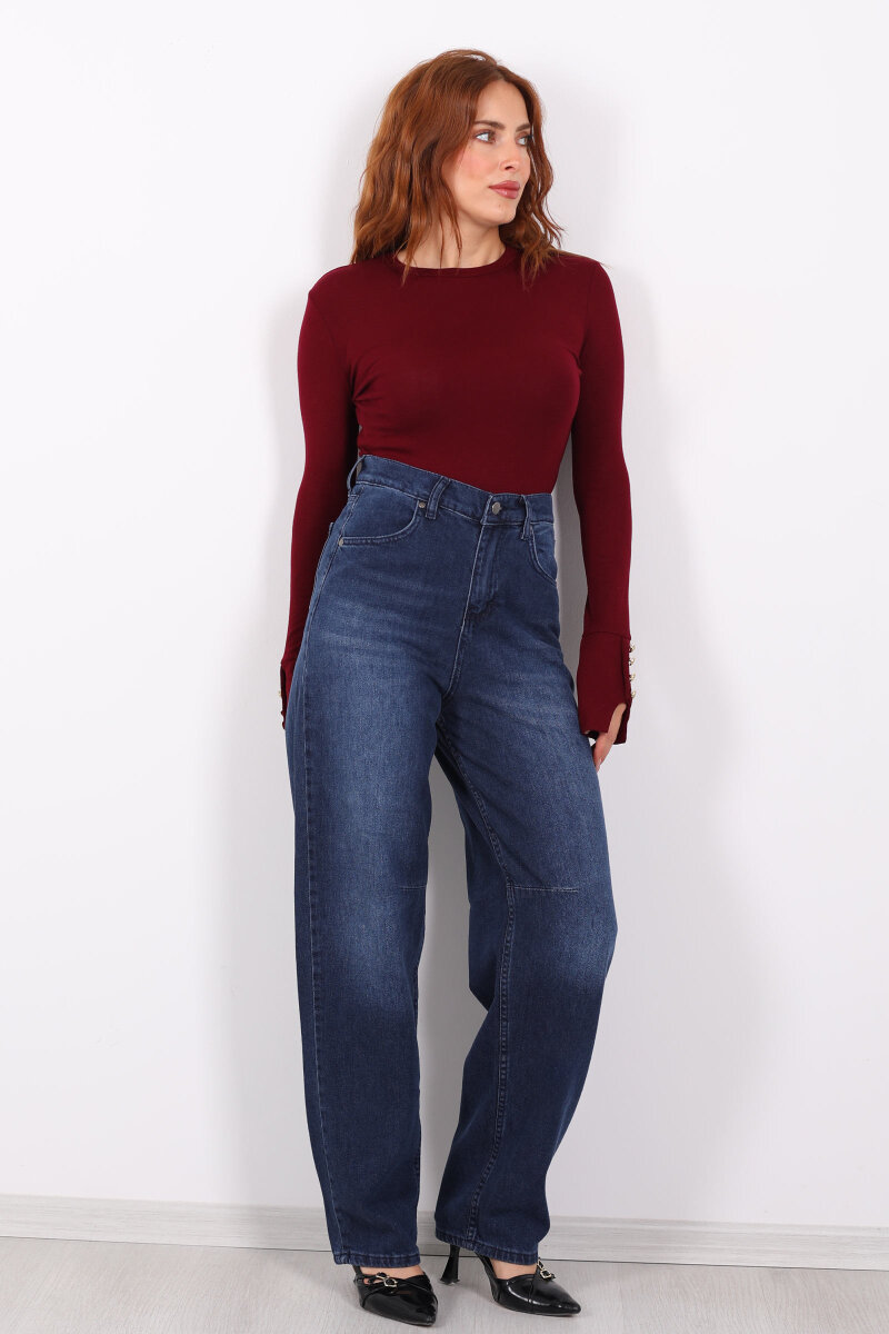 Baggy Arka Tokalı Koyu Mavi Kar Yıkama Kadın Pantolon - 7