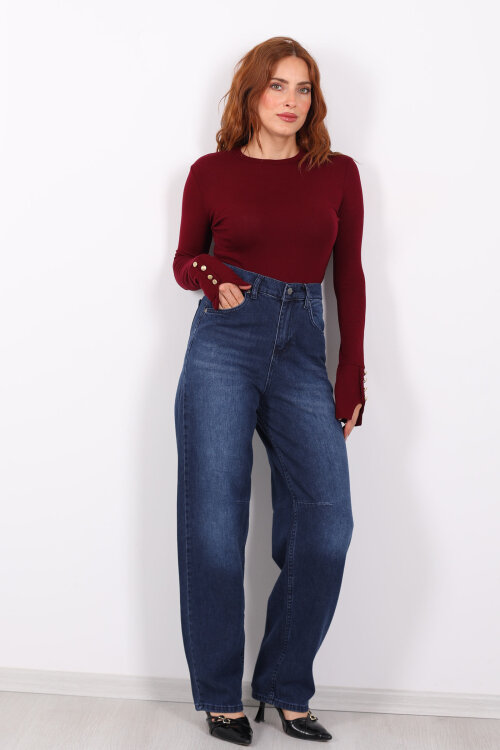 Baggy Arka Tokalı Koyu Mavi Kar Yıkama Kadın Pantolon - Berox