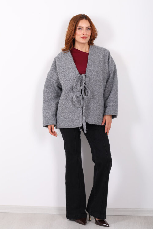 Bağlamalı Antrasit Kadın Sakallı Oversize Ceket - 4