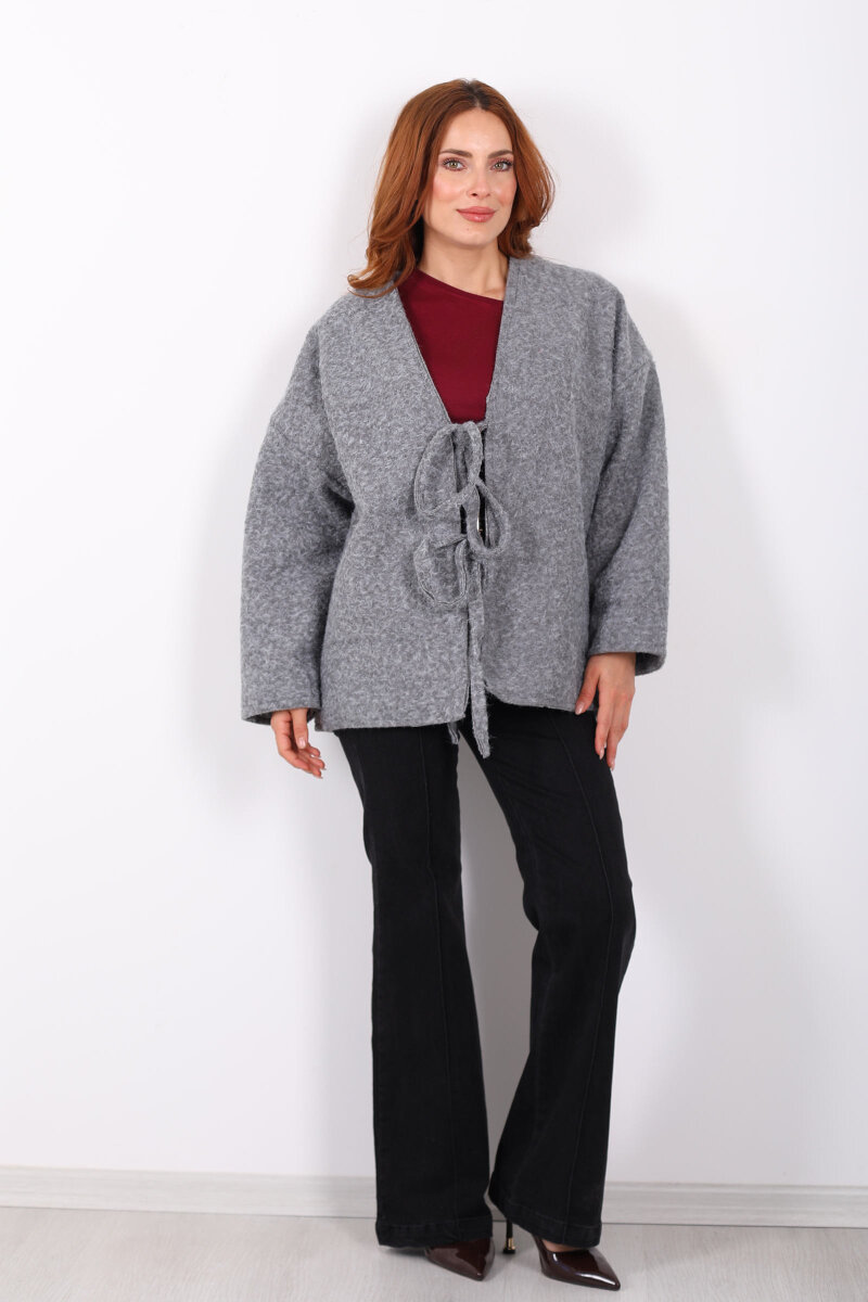 Bağlamalı Antrasit Kadın Sakallı Oversize Ceket - 4