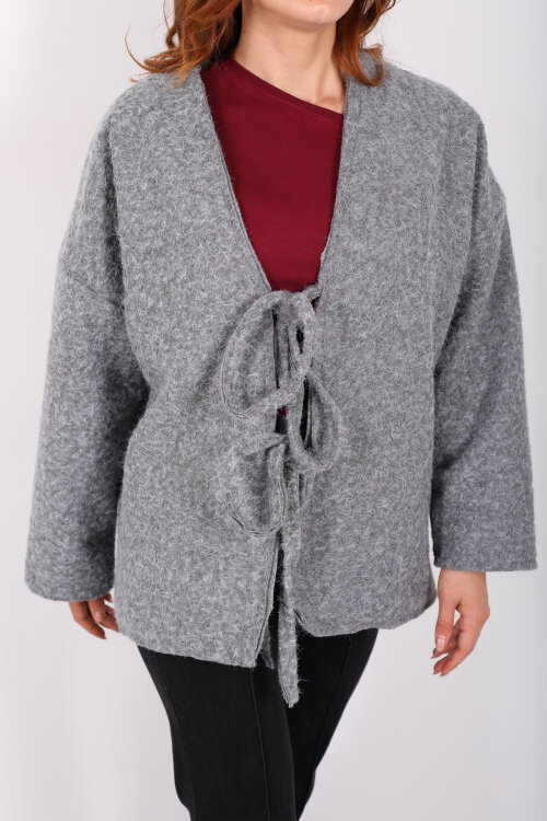 Bağlamalı Antrasit Kadın Sakallı Oversize Ceket - Berox (1)