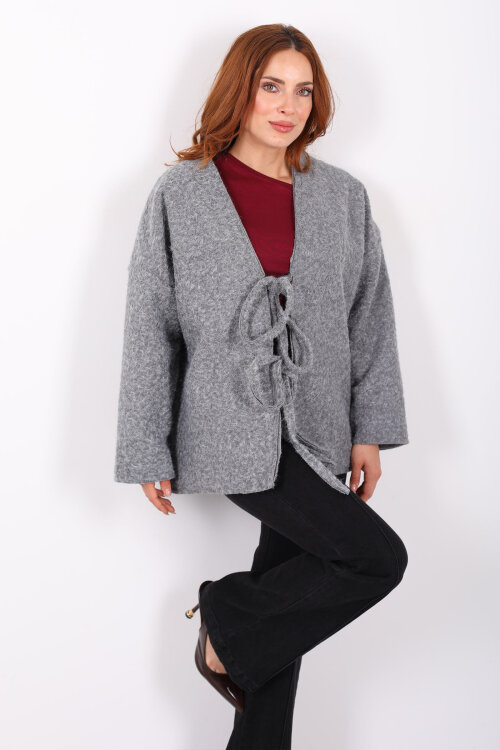 Bağlamalı Antrasit Kadın Sakallı Oversize Ceket - Berox