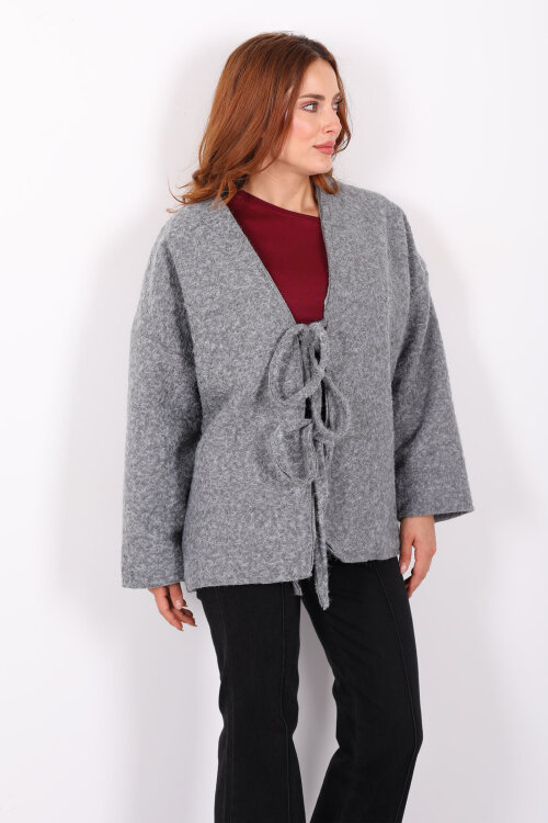 Bağlamalı Antrasit Kadın Sakallı Oversize Ceket - 3