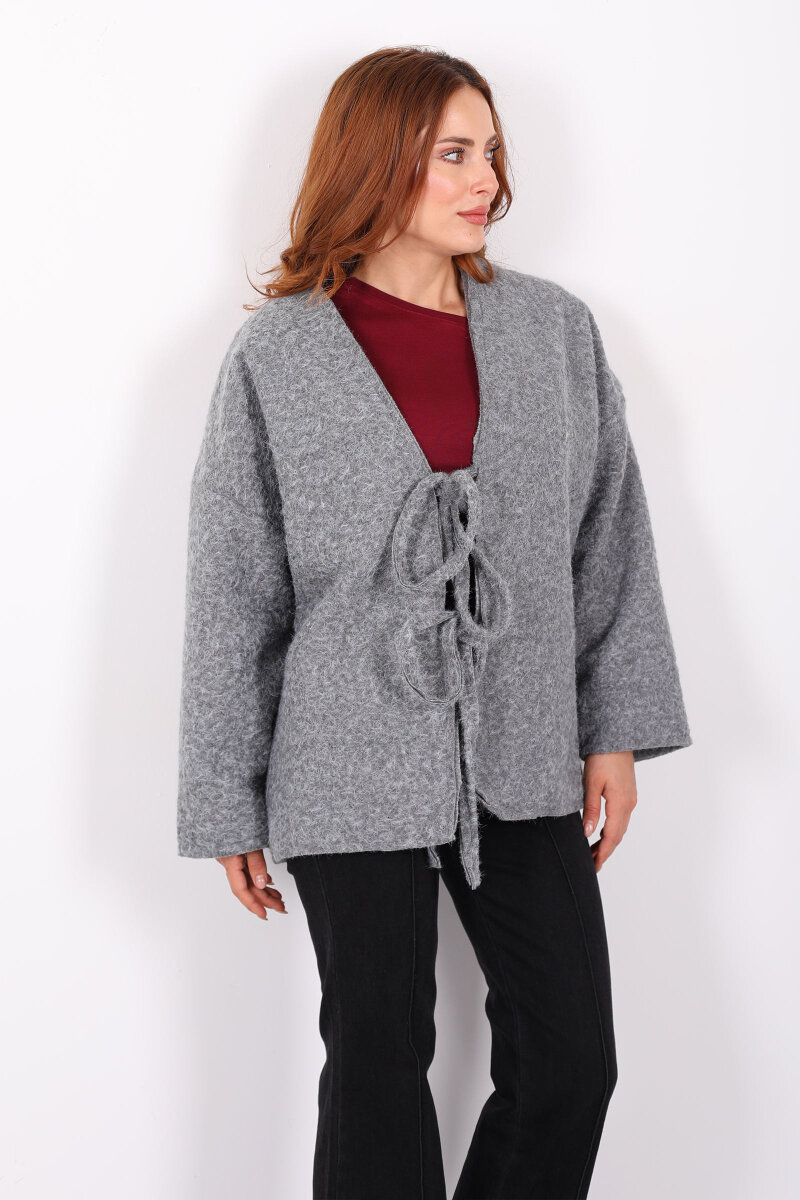 Bağlamalı Antrasit Kadın Sakallı Oversize Ceket - 3