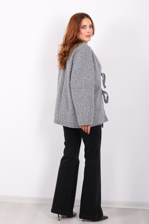 Bağlamalı Antrasit Kadın Sakallı Oversize Ceket - 5