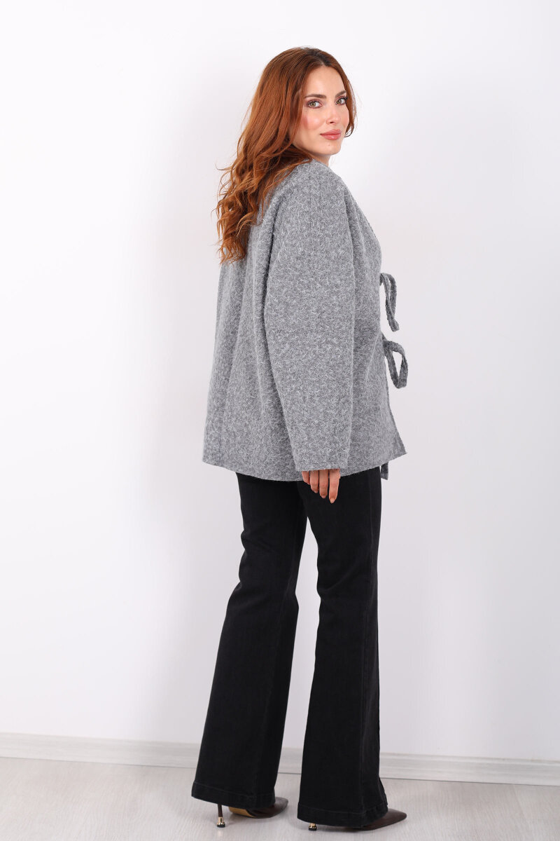 Bağlamalı Antrasit Kadın Sakallı Oversize Ceket - 5