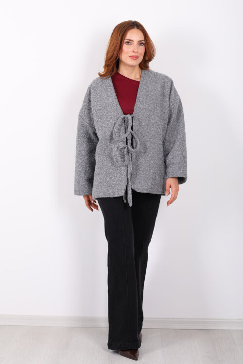 Bağlamalı Antrasit Kadın Sakallı Oversize Ceket - 6