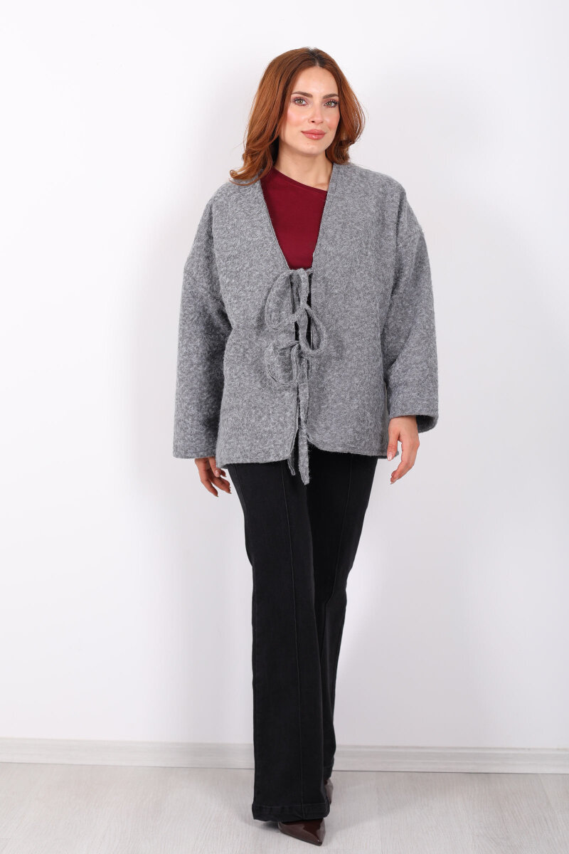 Bağlamalı Antrasit Kadın Sakallı Oversize Ceket - 6