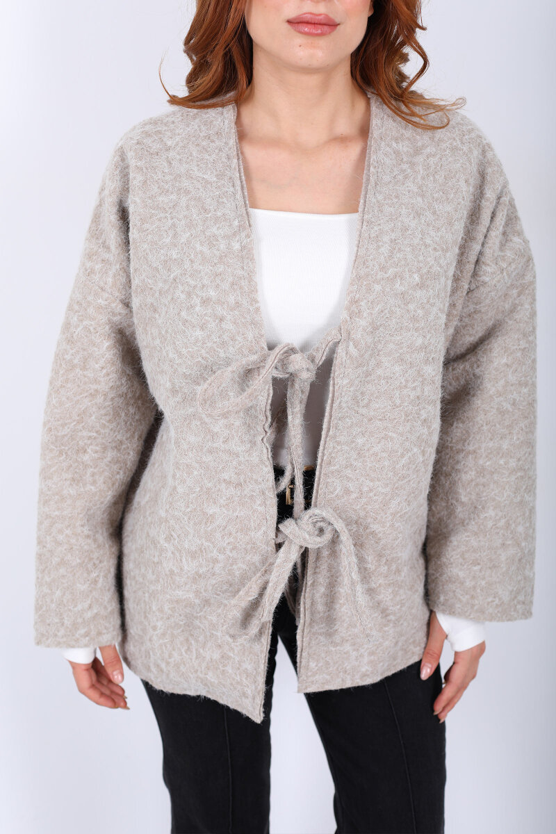 Bağlamalı Bej Kadın Sakallı Oversize Ceket - 2