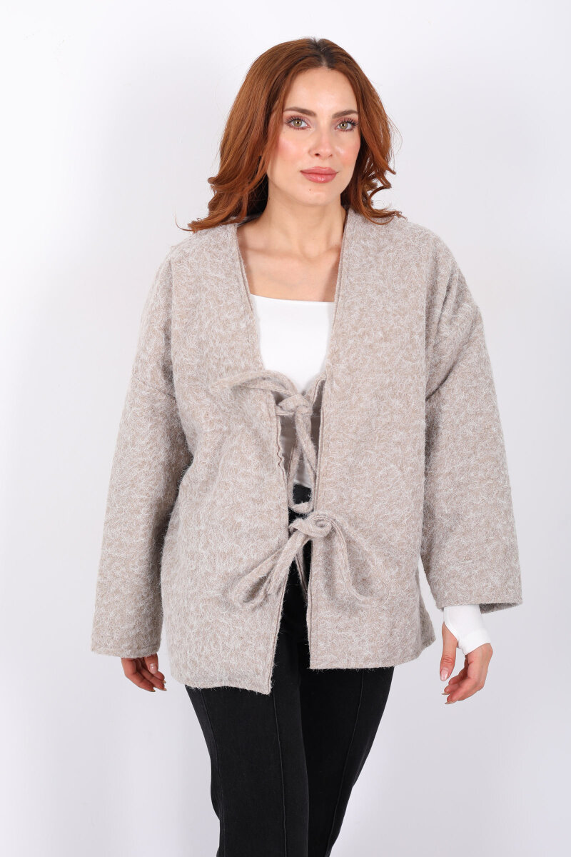 Bağlamalı Bej Kadın Sakallı Oversize Ceket - 4