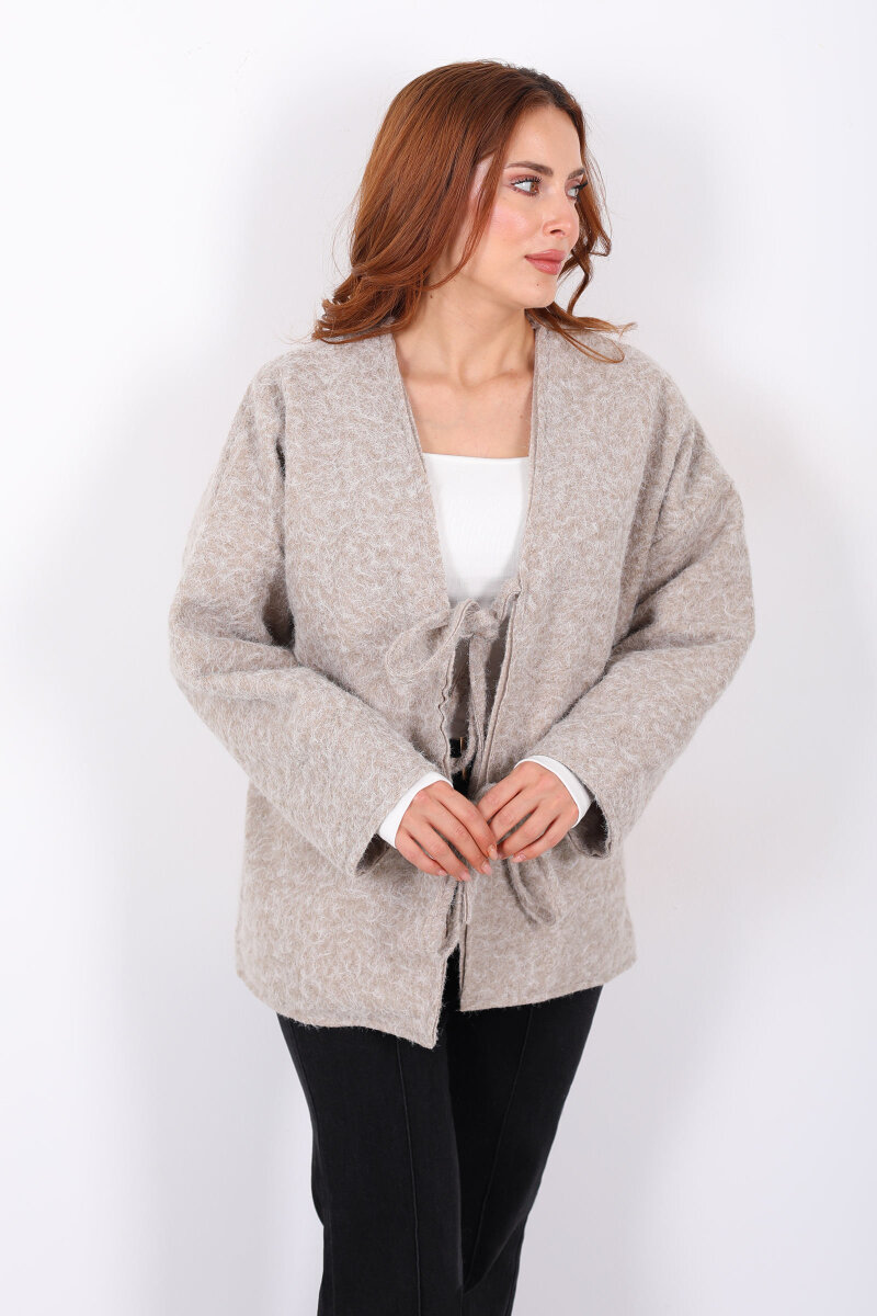 Bağlamalı Bej Kadın Sakallı Oversize Ceket - 3