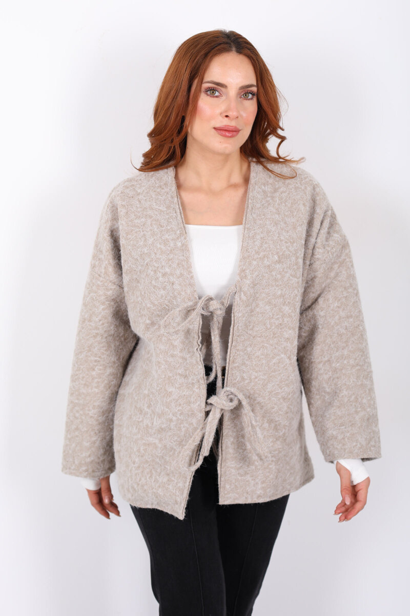 Bağlamalı Bej Kadın Sakallı Oversize Ceket - 6