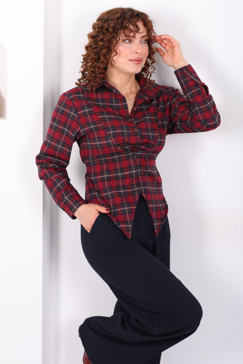 Bağlamalı Fermuar Detaylı Bordo Kadın Ekose Gömlek - Berox