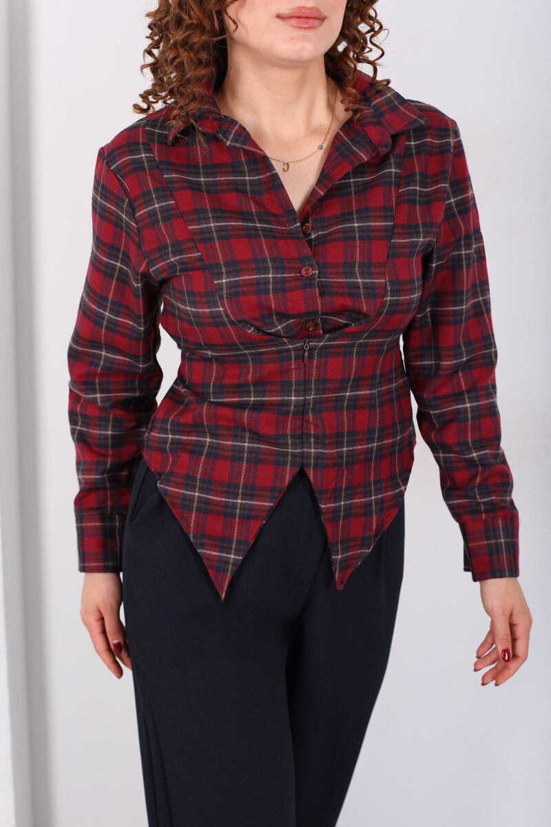 Bağlamalı Fermuar Detaylı Bordo Kadın Ekose Gömlek - 2