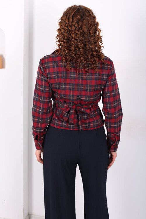 Bağlamalı Fermuar Detaylı Bordo Kadın Ekose Gömlek - 5