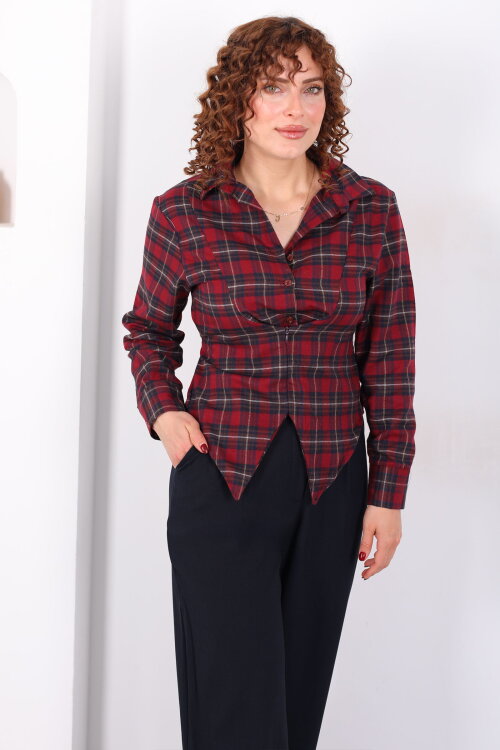 Bağlamalı Fermuar Detaylı Bordo Kadın Ekose Gömlek - 7