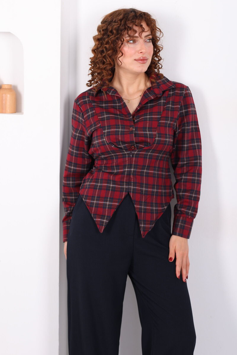 Bağlamalı Fermuar Detaylı Bordo Kadın Ekose Gömlek - 3