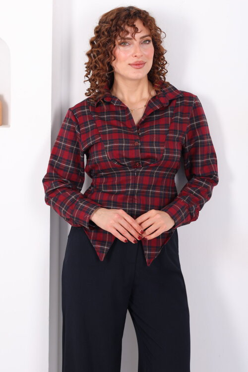 Bağlamalı Fermuar Detaylı Bordo Kadın Ekose Gömlek - 4