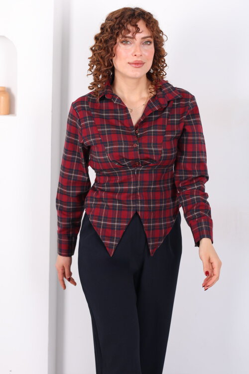 Bağlamalı Fermuar Detaylı Bordo Kadın Ekose Gömlek - 6