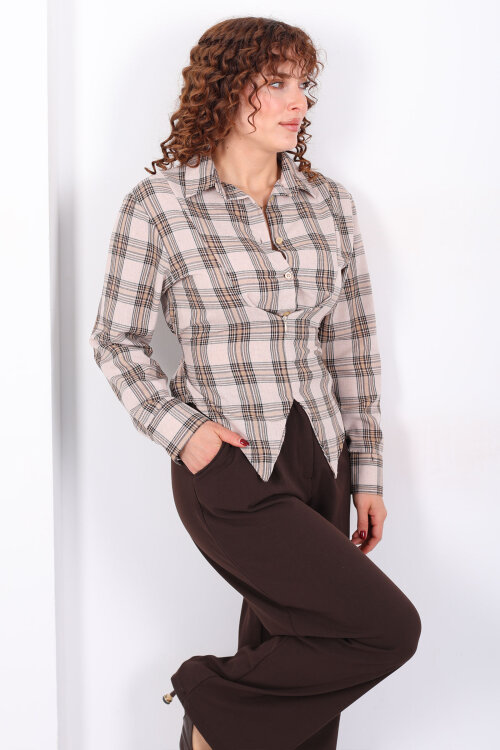 Bağlamalı Fermuar Detaylı Taş Kadın Ekose Gömlek - 3