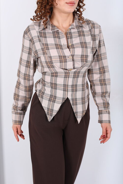 Bağlamalı Fermuar Detaylı Taş Kadın Ekose Gömlek - 4