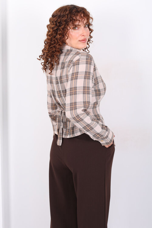 Bağlamalı Fermuar Detaylı Taş Kadın Ekose Gömlek - Berox (1)