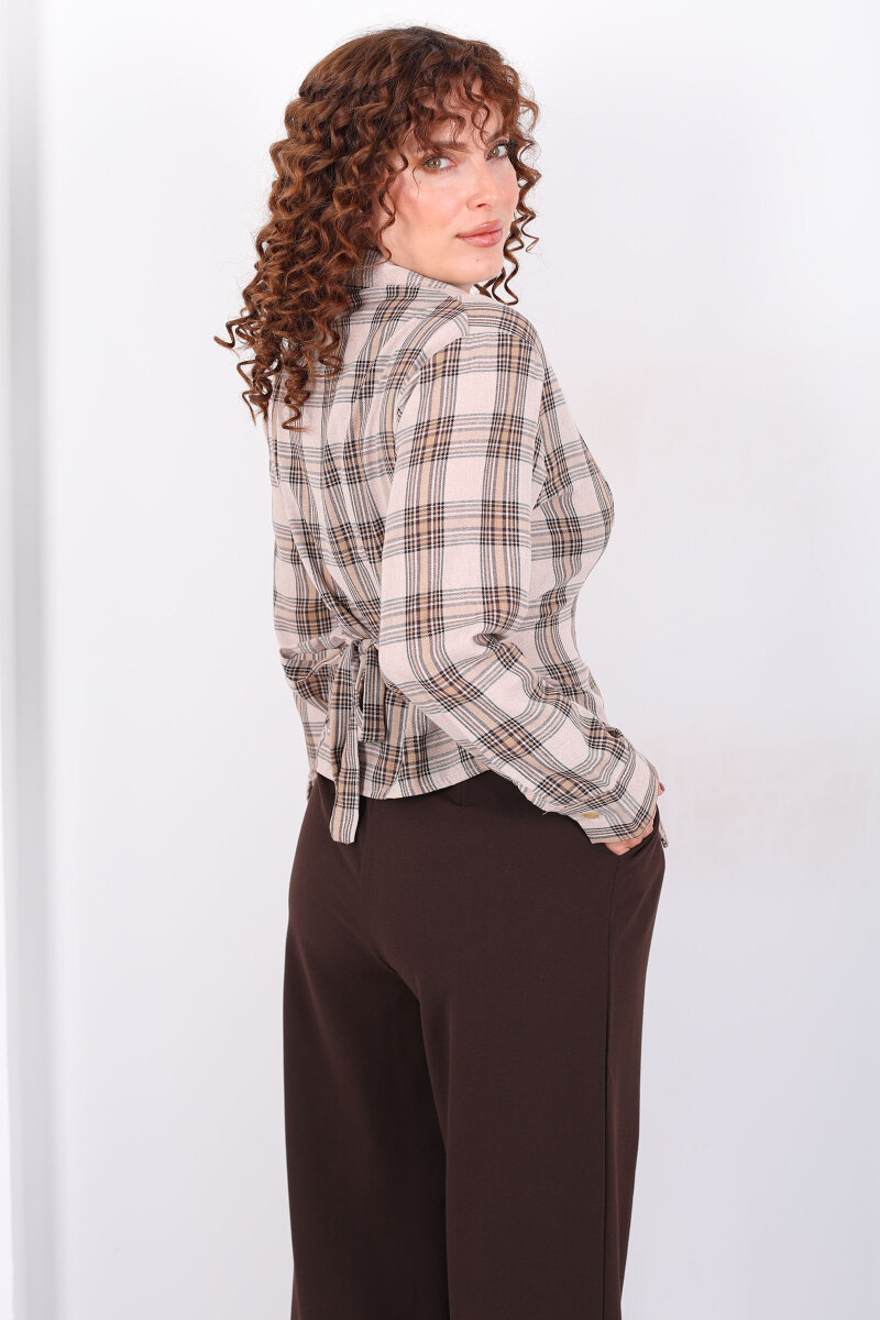 Bağlamalı Fermuar Detaylı Taş Kadın Ekose Gömlek - 2