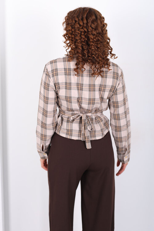 Bağlamalı Fermuar Detaylı Taş Kadın Ekose Gömlek - 6