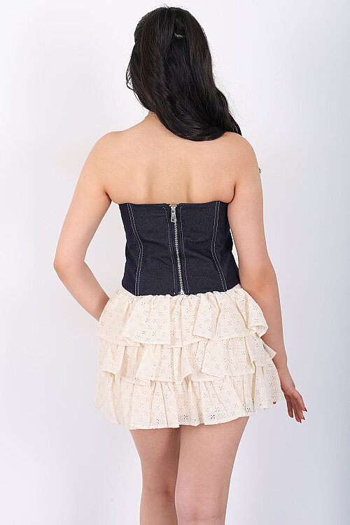 Bağlamalı Fisto Detay Denim Korse-Etek Lacivert Kadın Takım - 6
