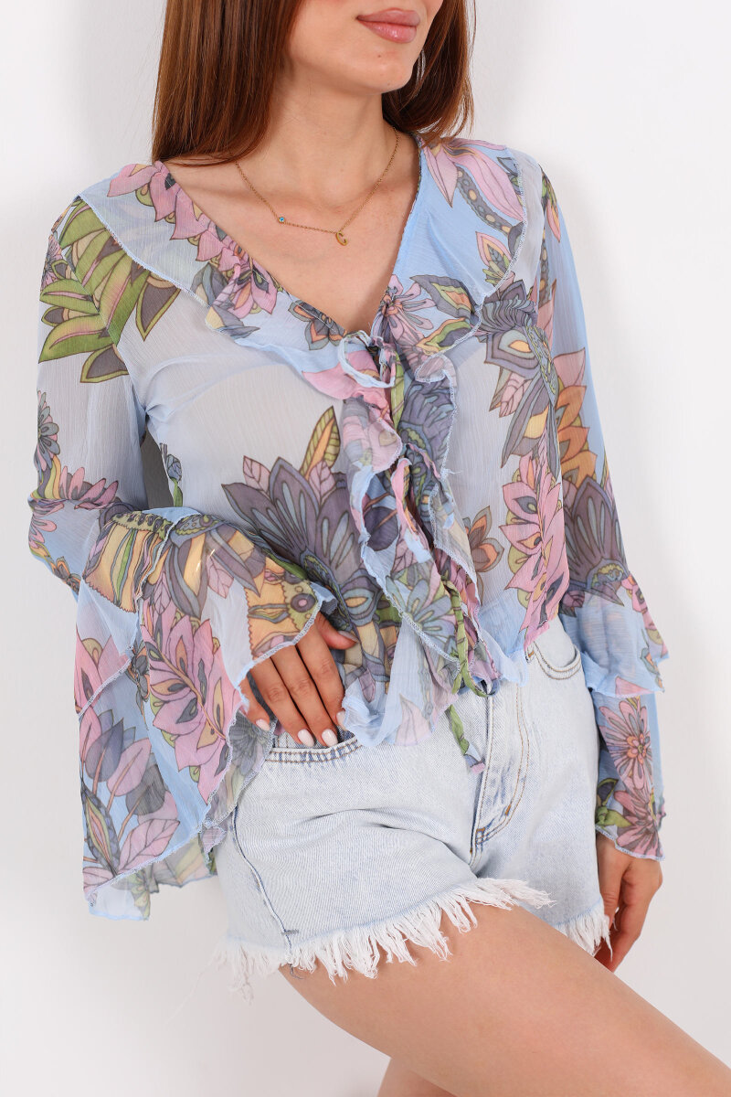 Bağlamalı İspanyol Kol Transparan Mavi Kadın Gömlek - 2