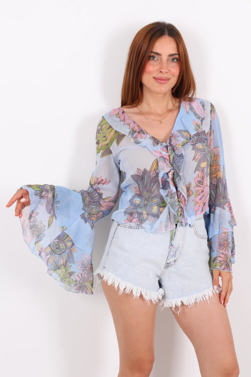 Bağlamalı İspanyol Kol Transparan Mavi Kadın Gömlek - Berox