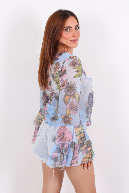 Bağlamalı İspanyol Kol Transparan Mavi Kadın Gömlek - 5