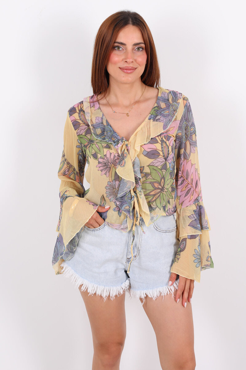 Bağlamalı İspanyol Kol Transparan Sarı Kadın Gömlek - 3