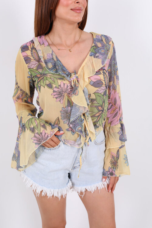 Bağlamalı İspanyol Kol Transparan Sarı Kadın Gömlek - Berox (1)