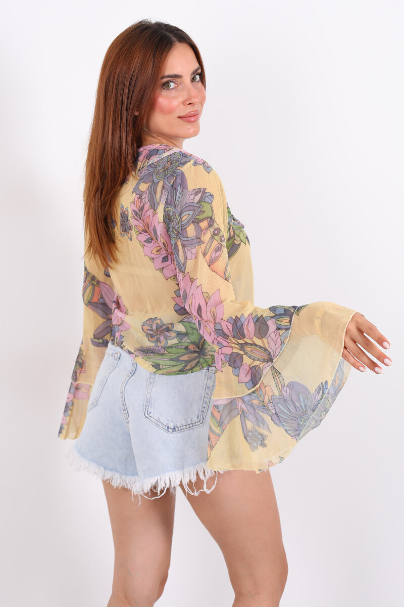 Bağlamalı İspanyol Kol Transparan Sarı Kadın Gömlek - 5