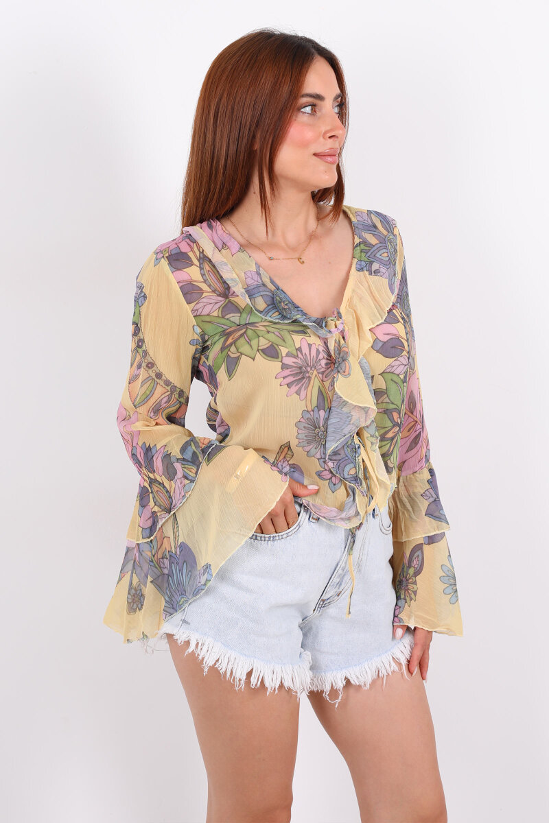 Bağlamalı İspanyol Kol Transparan Sarı Kadın Gömlek - 6