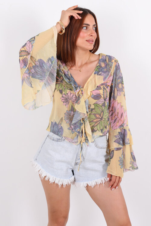 Bağlamalı İspanyol Kol Transparan Sarı Kadın Gömlek - Berox