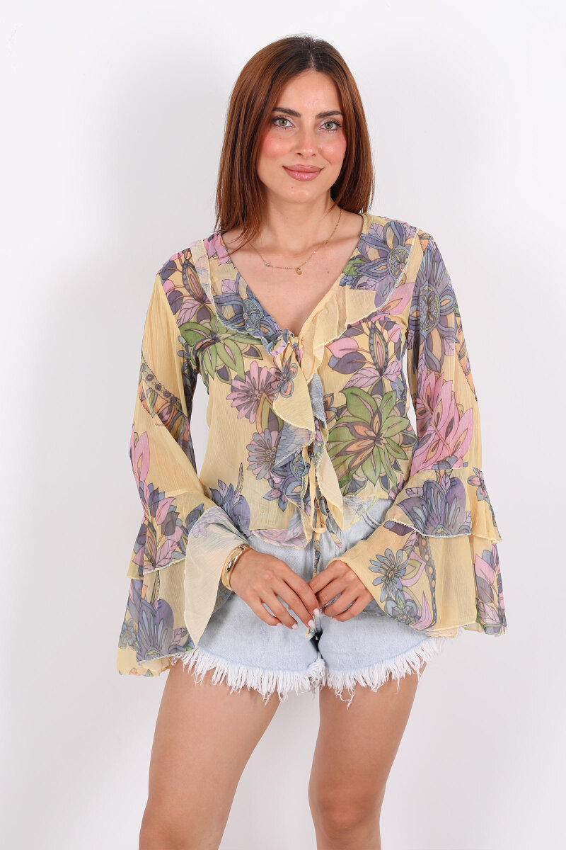 Bağlamalı İspanyol Kol Transparan Sarı Kadın Gömlek - 4