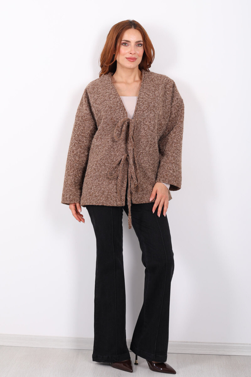 Bağlamalı Kahverengi Kadın Sakallı Oversize Ceket - 1