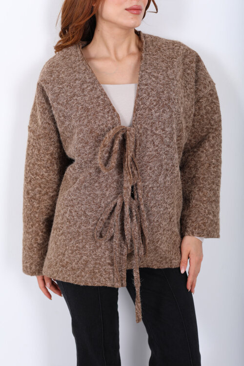 Bağlamalı Kahverengi Kadın Sakallı Oversize Ceket - Berox (1)