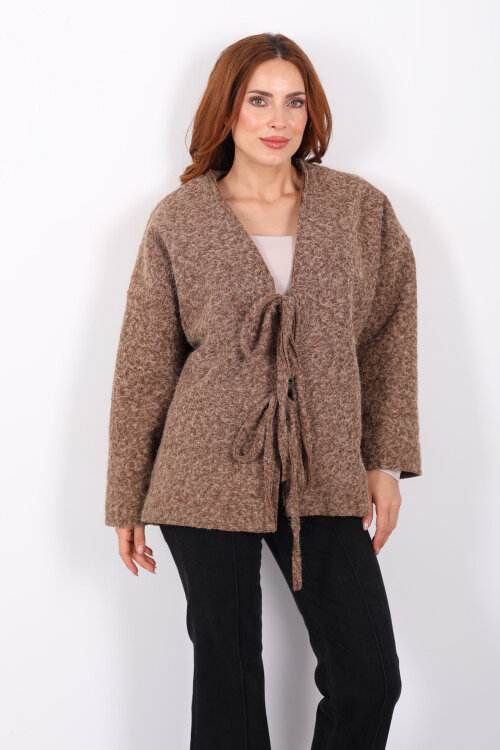 Bağlamalı Kahverengi Kadın Sakallı Oversize Ceket - 3