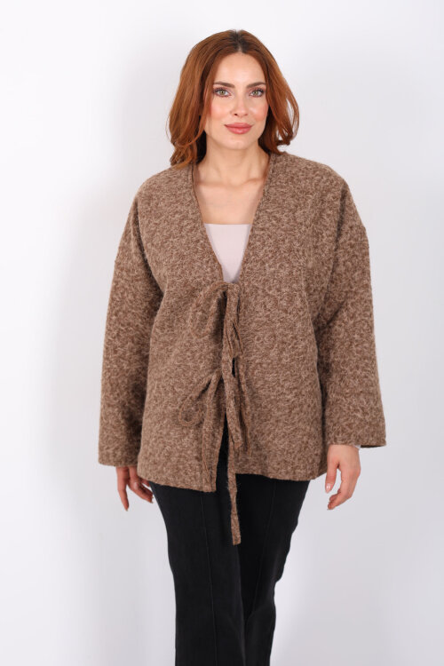 Bağlamalı Kahverengi Kadın Sakallı Oversize Ceket - 5