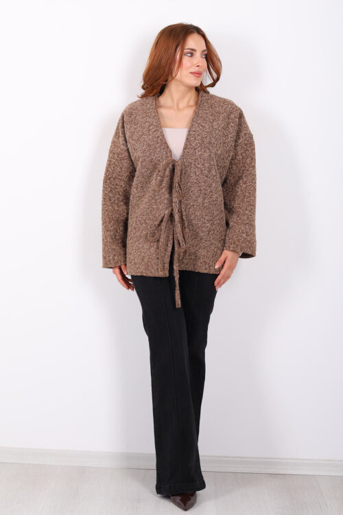 Bağlamalı Kahverengi Kadın Sakallı Oversize Ceket - 4