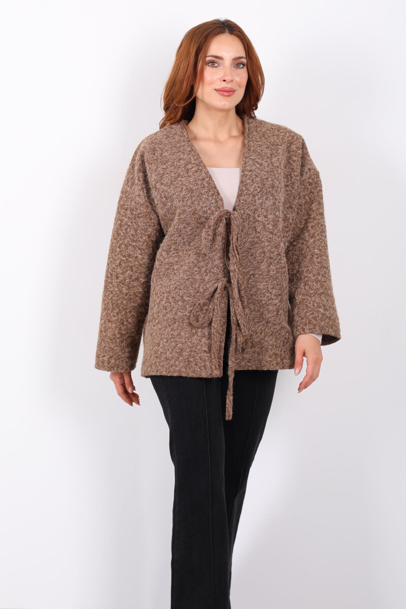 Bağlamalı Kahverengi Kadın Sakallı Oversize Ceket - 7