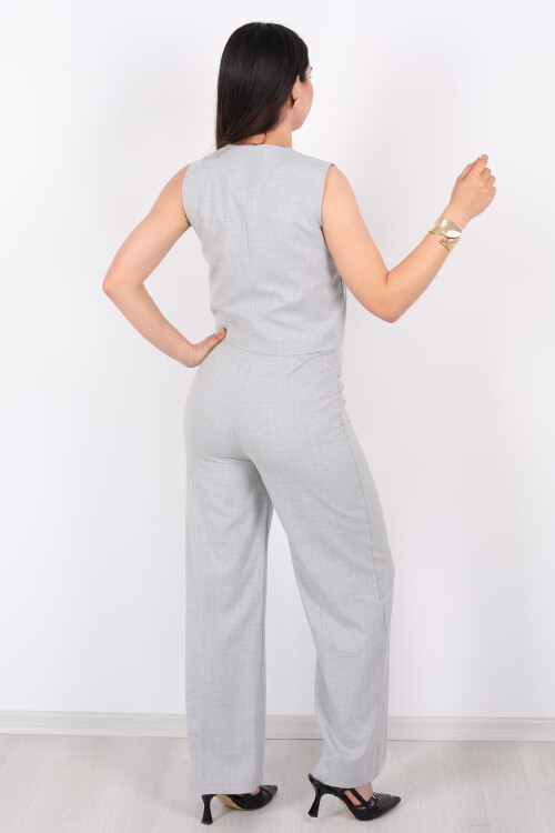 Bağlamalı Kolsuz Yelek - Pantolon Keten Gri Kadın Takım - 7