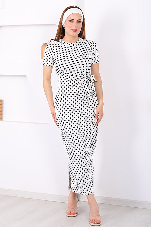 Bağlamalı Yırtmaçlı Puantiyeli Kadın Beyaz Midi Elbise - 4