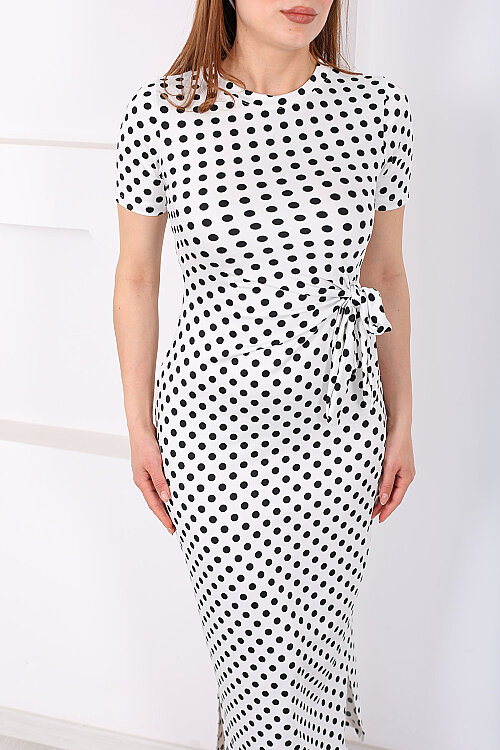 Bağlamalı Yırtmaçlı Puantiyeli Kadın Beyaz Midi Elbise - Berox (1)