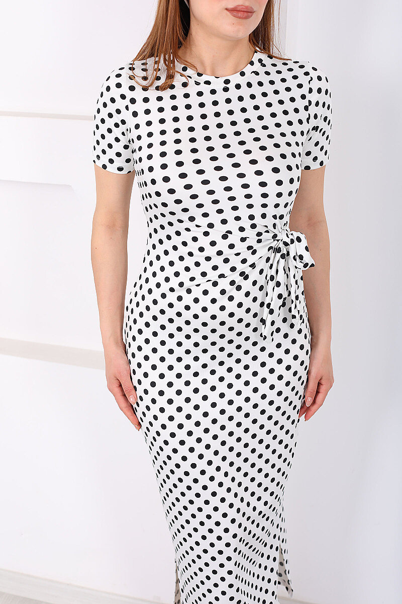 Bağlamalı Yırtmaçlı Puantiyeli Kadın Beyaz Midi Elbise - 2