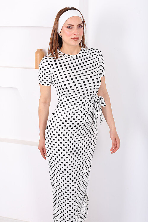 Bağlamalı Yırtmaçlı Puantiyeli Kadın Beyaz Midi Elbise - 5